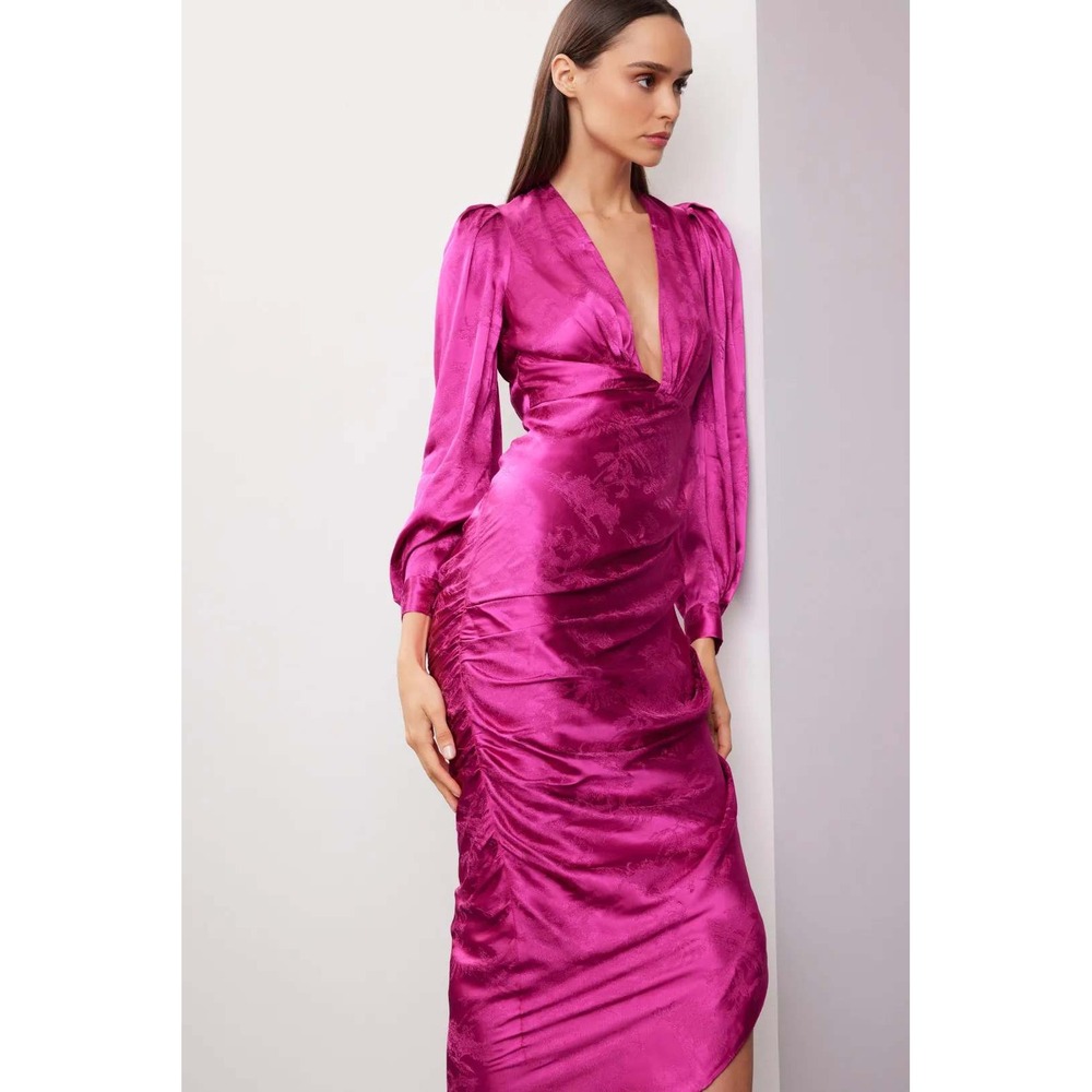 One33 Social Fuchsia Floral Jacquard Ruched Asymmetrical Midi Dress Pink Size 2